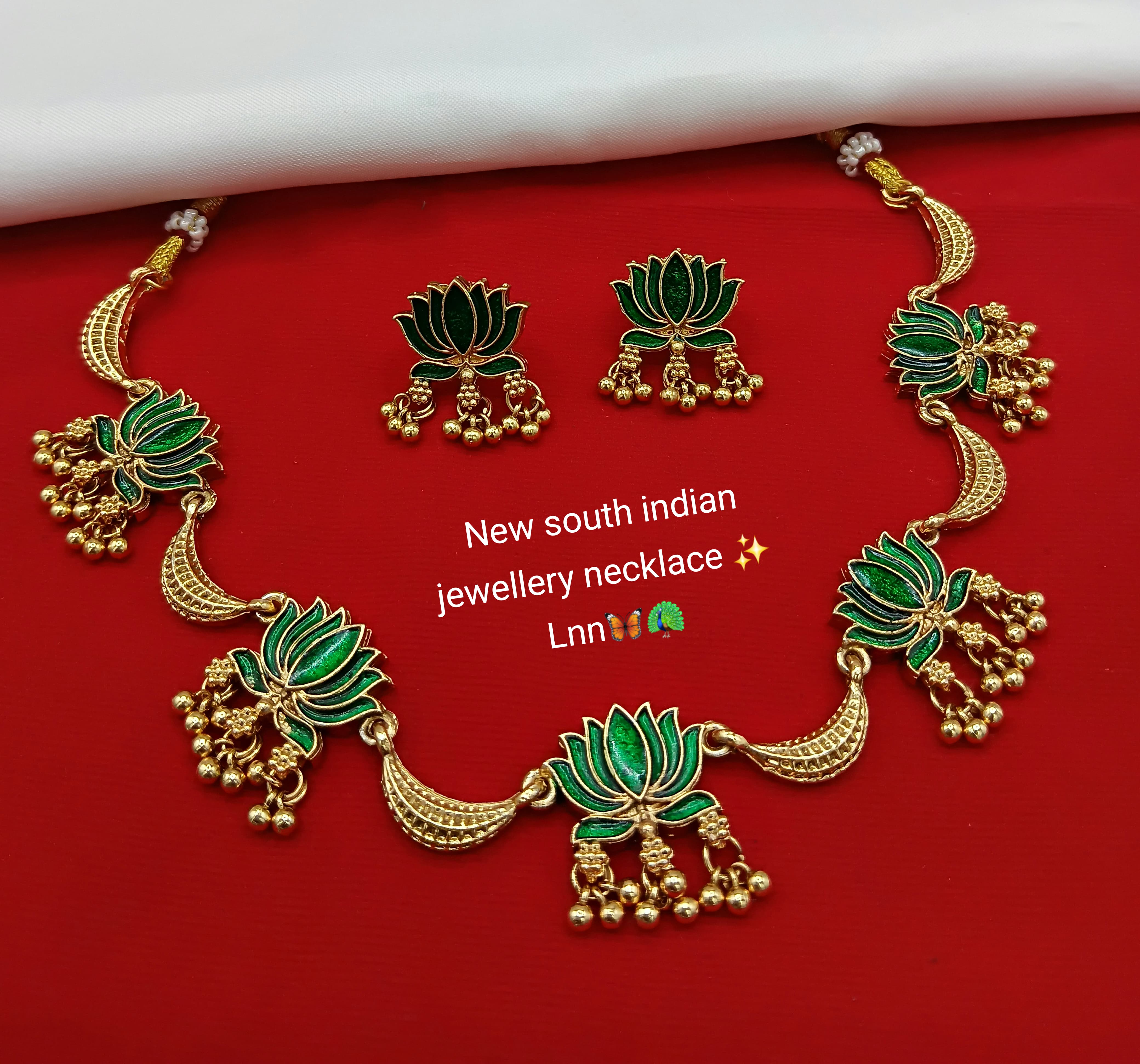 Forest Green Meenakari Lotus Necklace with Golden Ghungroo Drops